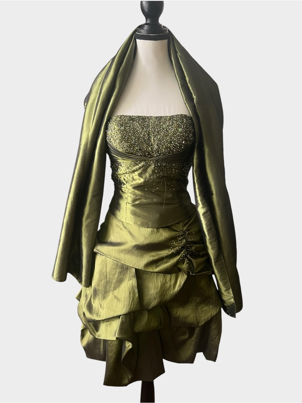 Y2K Aspeed USA Monochrome Olive Green Beaded Prom Dress XS with Shawl